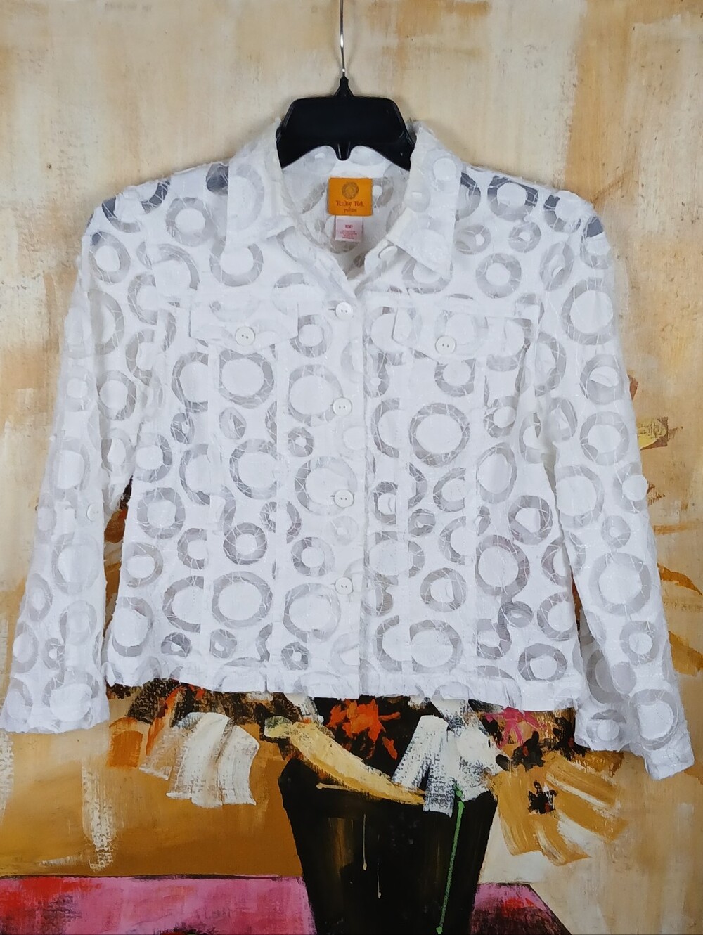 Ruby Rd. Petite White Geometric Lace Button Up Jacket - Size 10P